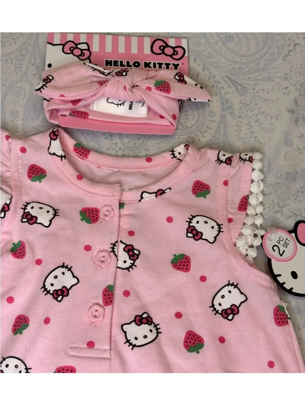 Hello Kitty Pink Strawberry Print Baby Girls' Pajama Romper with Headband